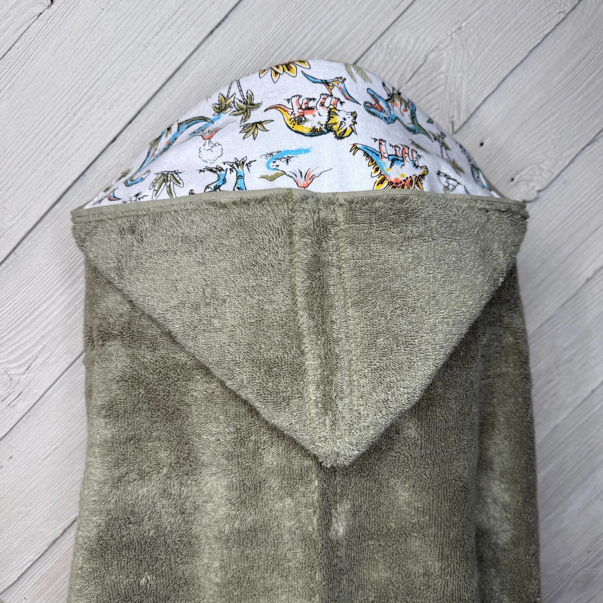 Olive Green Kid's Hooded Bath Towel with Dinosaur Lining on Hood