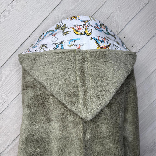 Olive Green Kid's Hooded Bath Towel with Dinosaur Lining on Hood