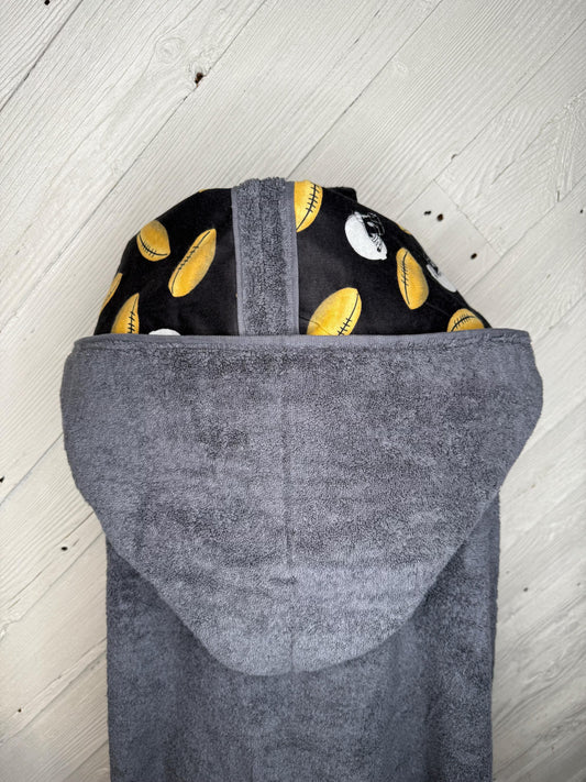 Gray Adult Hooded Bath Towel with Football Flannel Lining on Hood