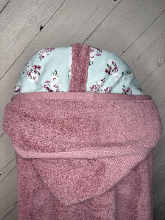 Adult or teen sized hooded bath towel with optional floral flannel, personalized adult hooded beach towel, flower hooded towel