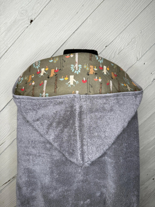 Gray Kid's Hooded Bath Towel with Woodland Animal Lining on Hood