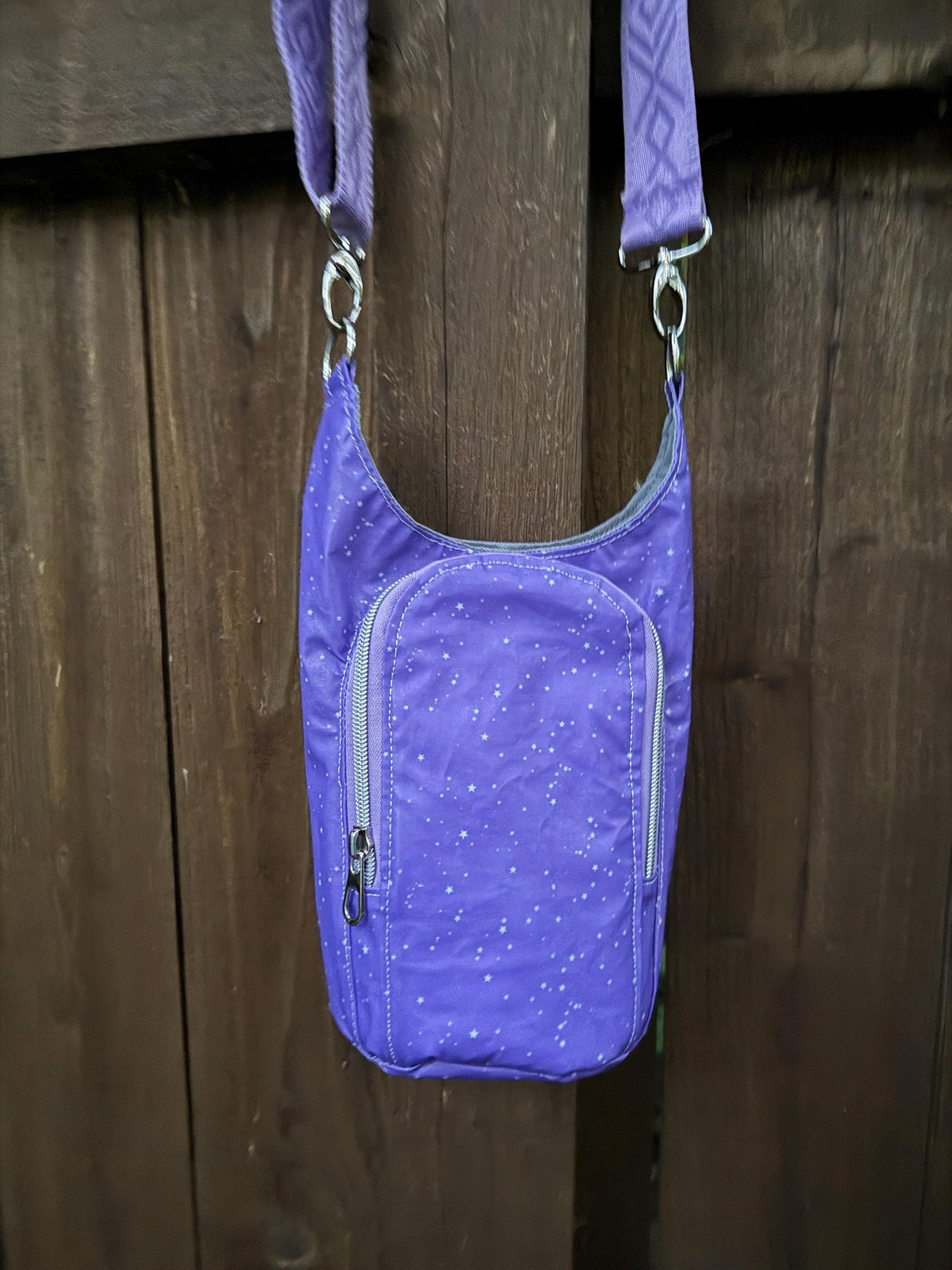 Water bottle bag with purple oilcloth fabric, adjustable crossbody bag, gift for hiker, walking bag, water bottle carrier