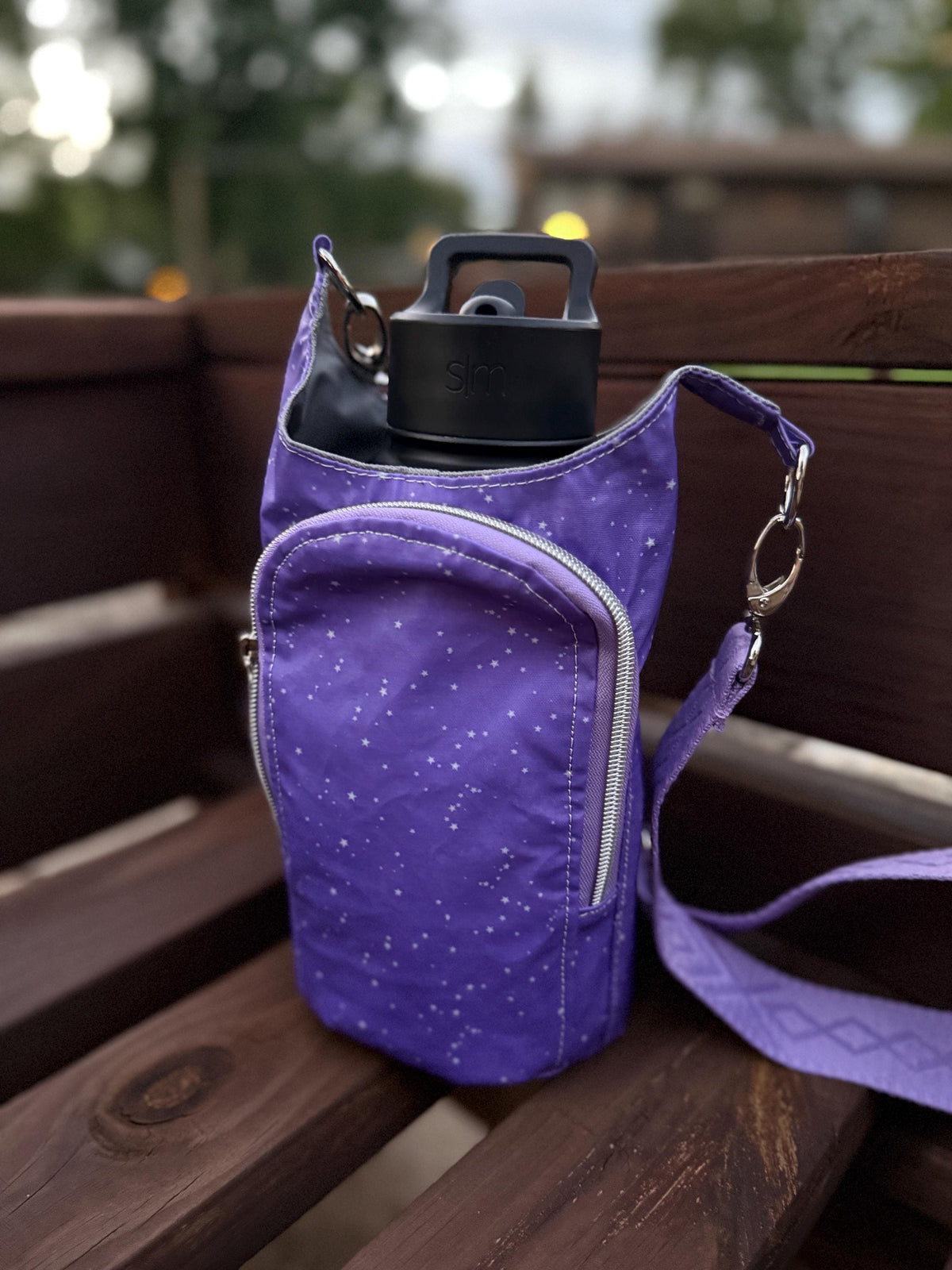 Water bottle bag with purple oilcloth fabric, adjustable crossbody bag, gift for hiker, walking bag, water bottle carrier