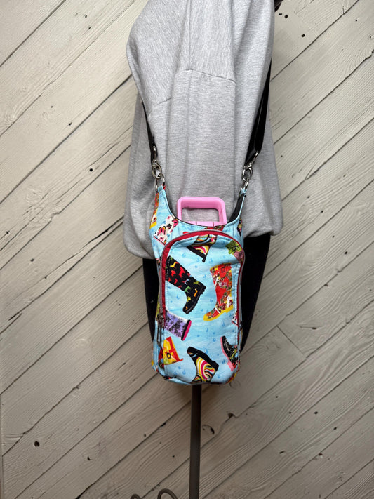 Water bottle bag with rain boot fabric, adjustable crossbody bag, gift for hiker, walking bag, water bottle carrier