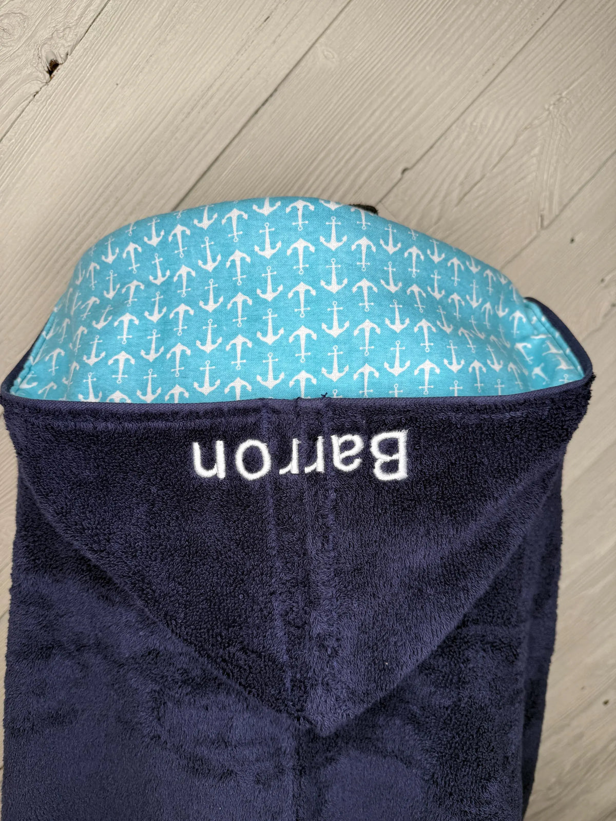 Dark Blue Kid's Hooded Bath Towel with Anchor Lining on Hood
