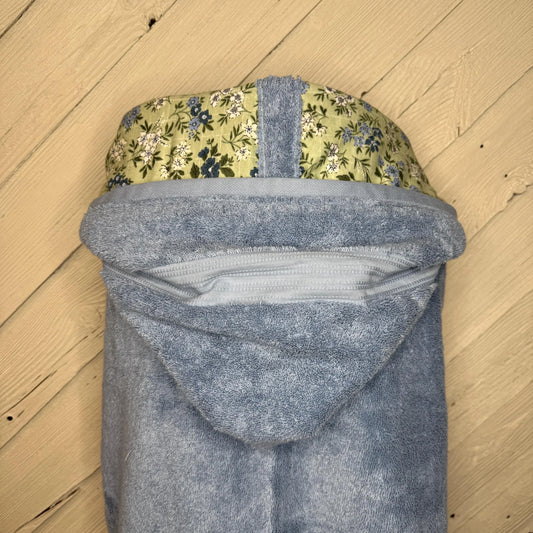 Water Blue Adult Hooded Bath Towel with Floral Flannel Lining on Hood