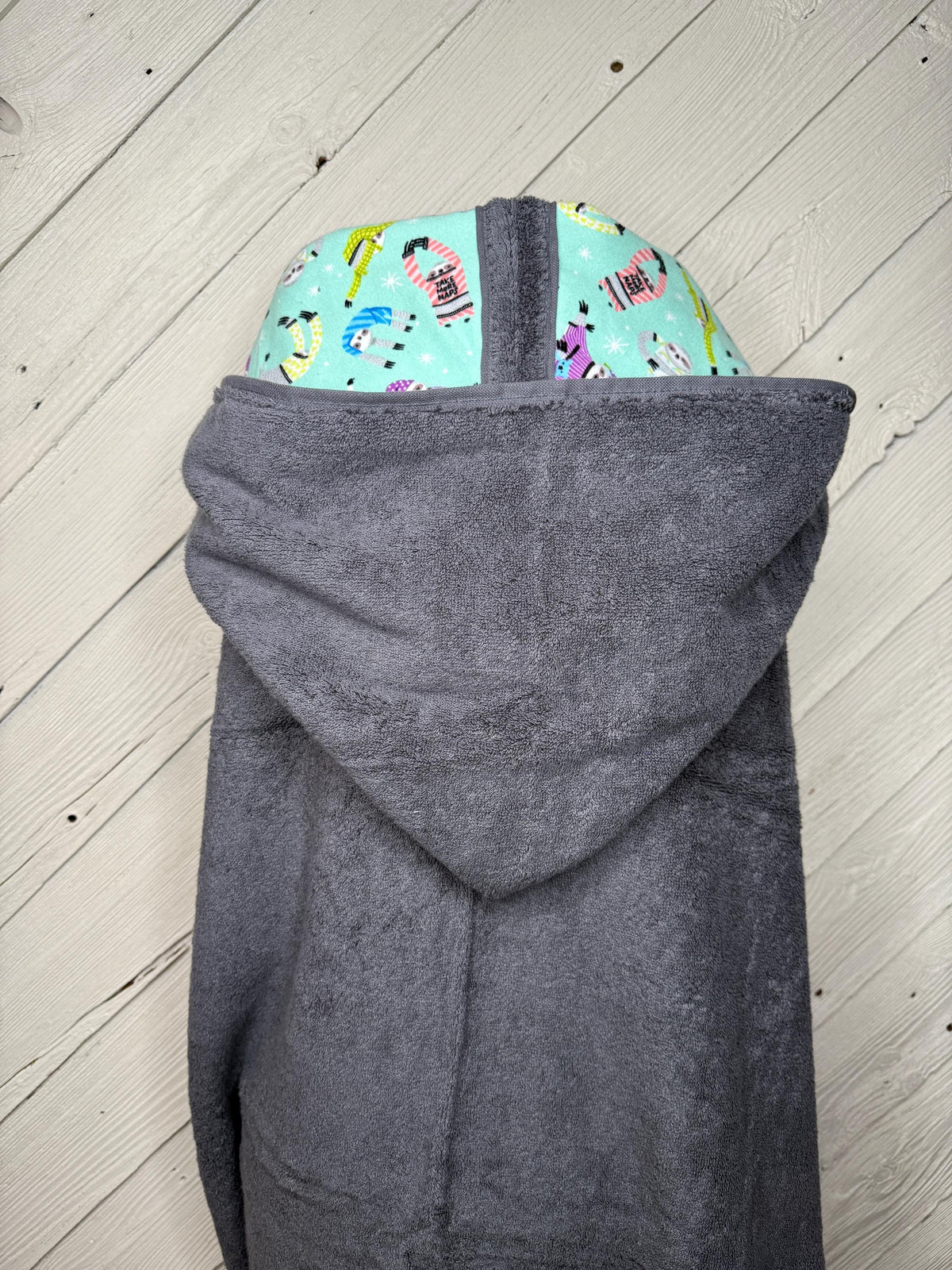 Adult or teen sized hooded bath towel with optional sloth flannel, personalized adult hooded beach towel