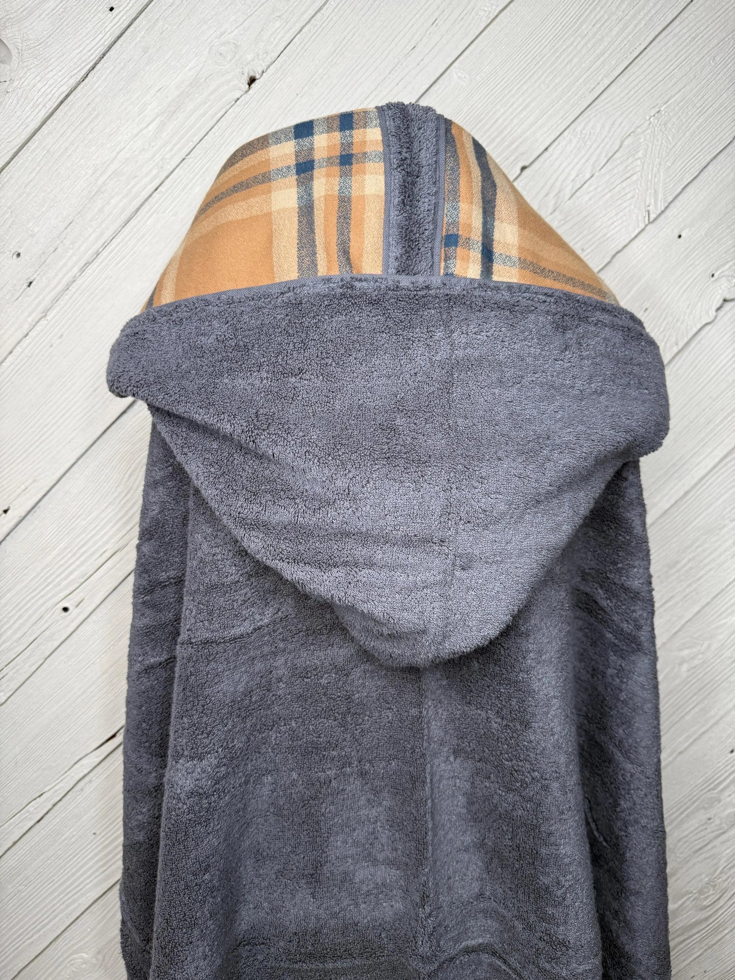 Gray Adult Hooded Bath Towel with Orange/Gray Flannel Lining on Hood