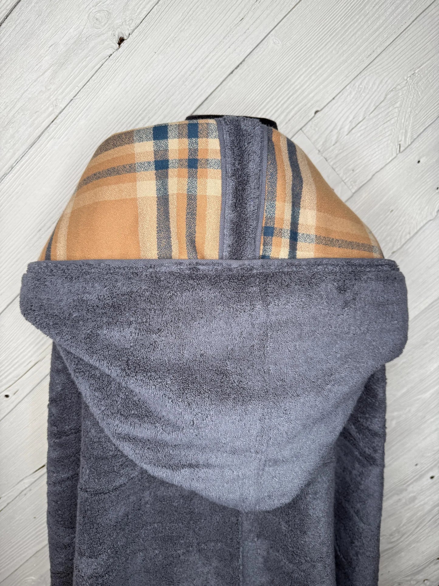 Gray Adult Hooded Bath Towel with Orange/Gray Flannel Lining on Hood