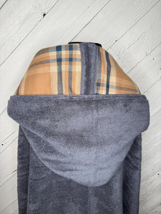 Gray Adult Hooded Bath Towel with Orange/Gray Flannel Lining on Hood