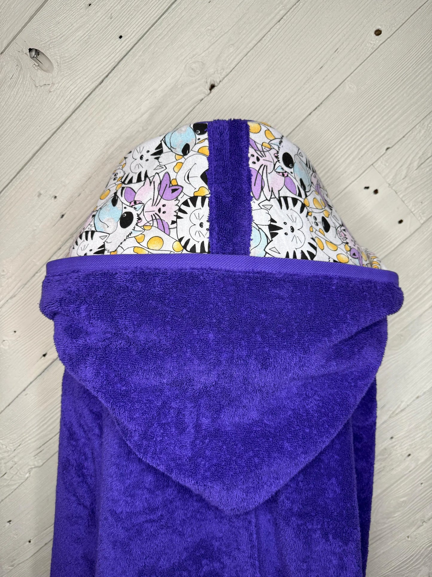 Adult Hooded Bath Towel Dark Blue with Cat and Dog Lining on Hood