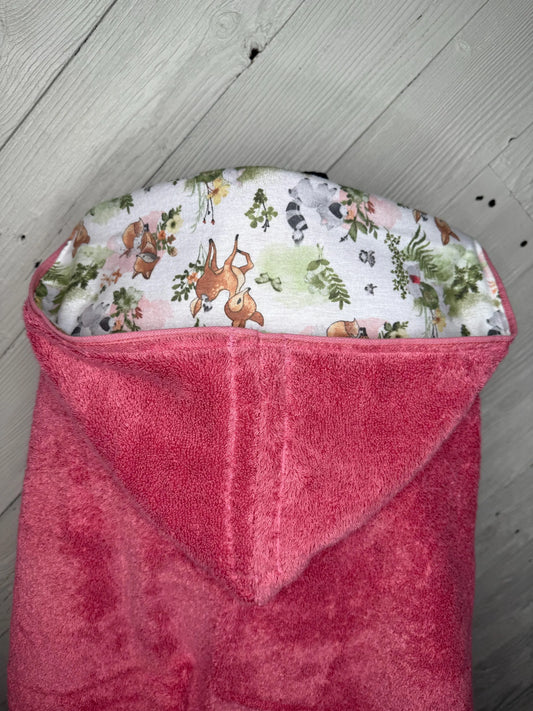 Rose Pink Kid's Hooded Bath Towel with Woodland Animal Lining on Hood
