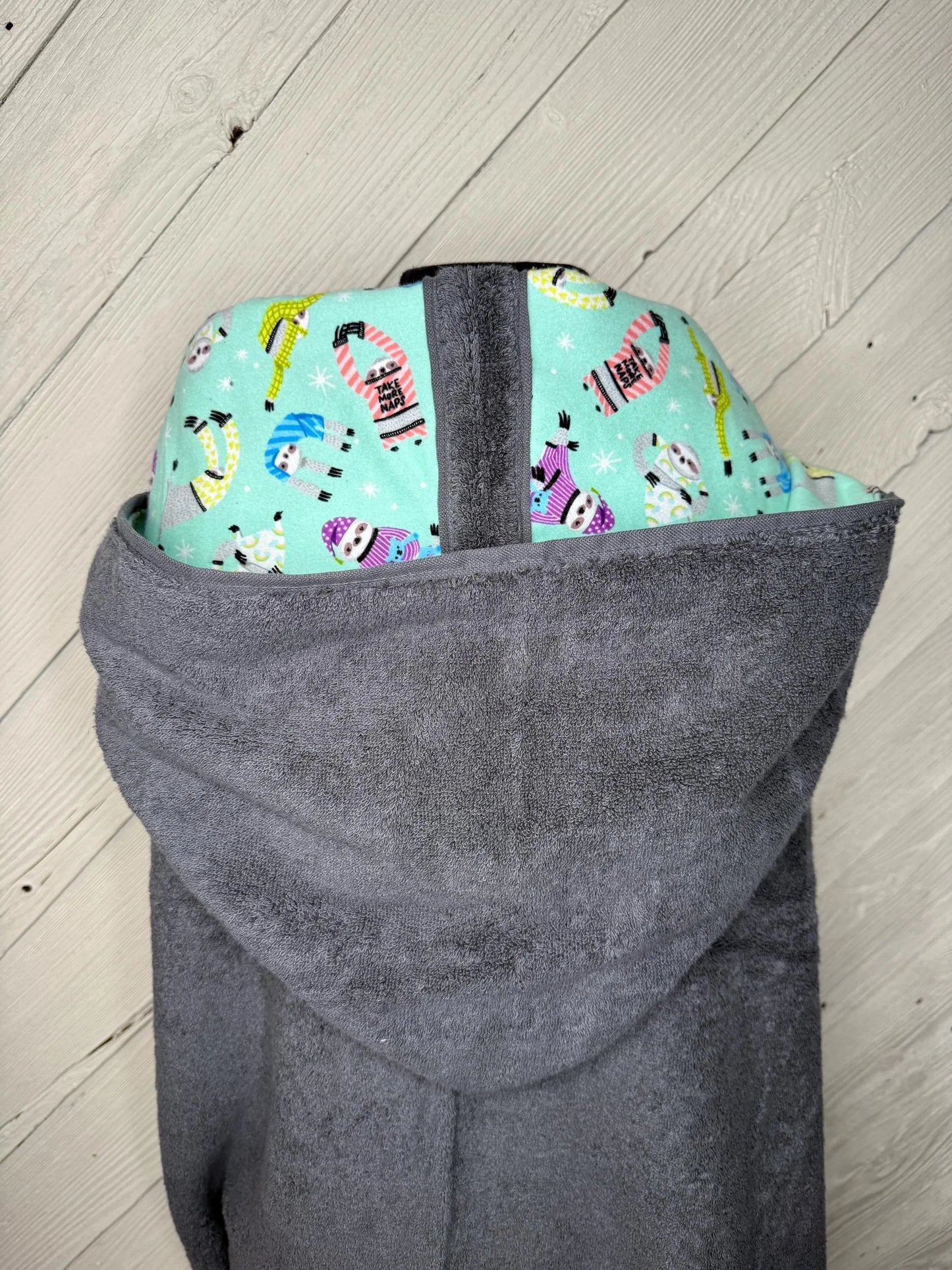 Gray Adult Hooded Bath Towel with Sloth Flannel Lining on Hood