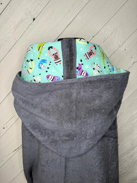 Gray Adult Hooded Bath Towel with Sloth Flannel Lining on Hood