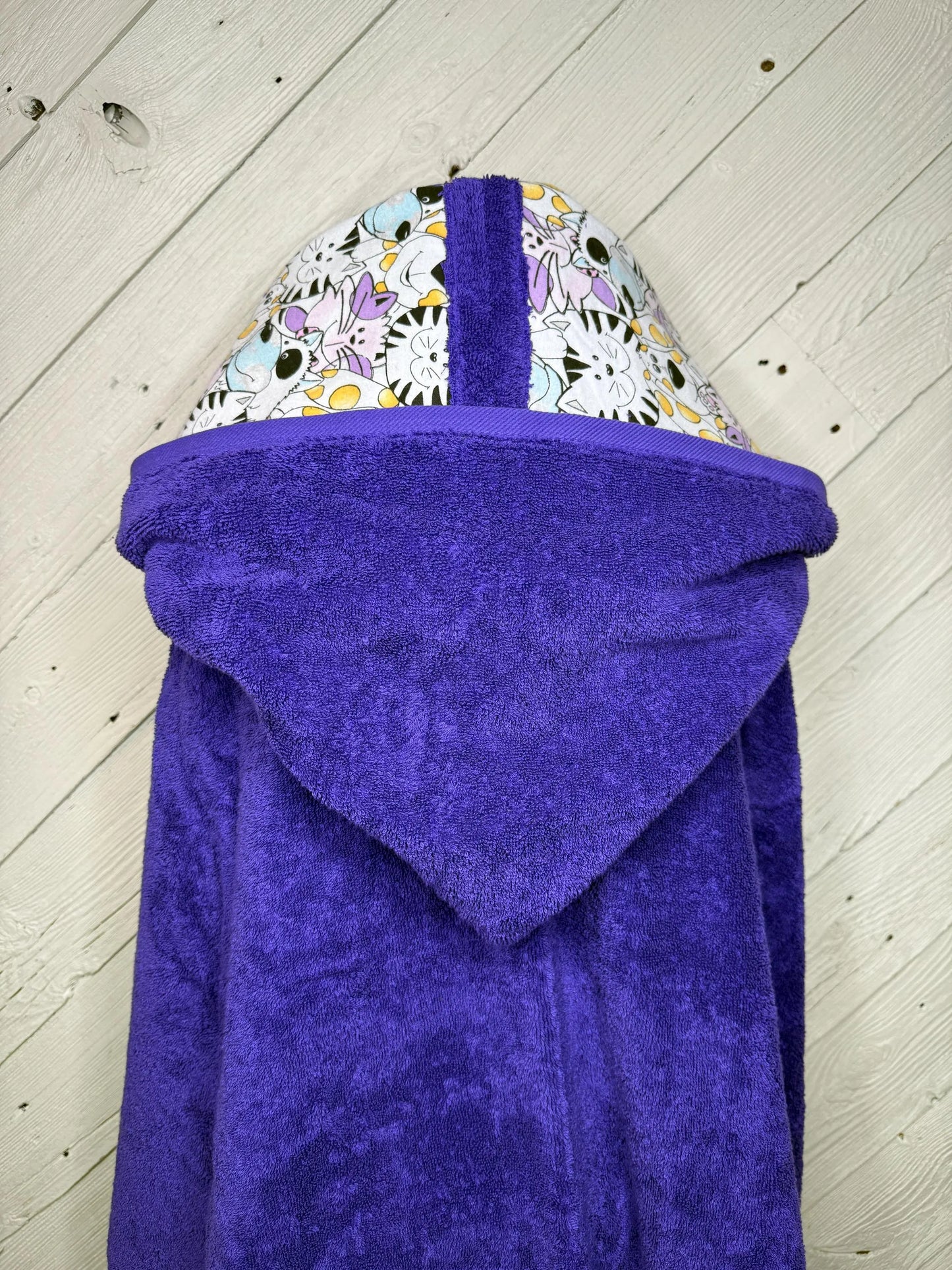 Adult Hooded Bath Towel Dark Blue with Cat and Dog Lining on Hood