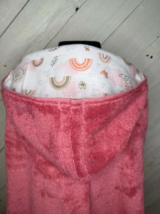 Rose Pink Kid's Hooded Bath Towel with Rainbow Lining on Hood