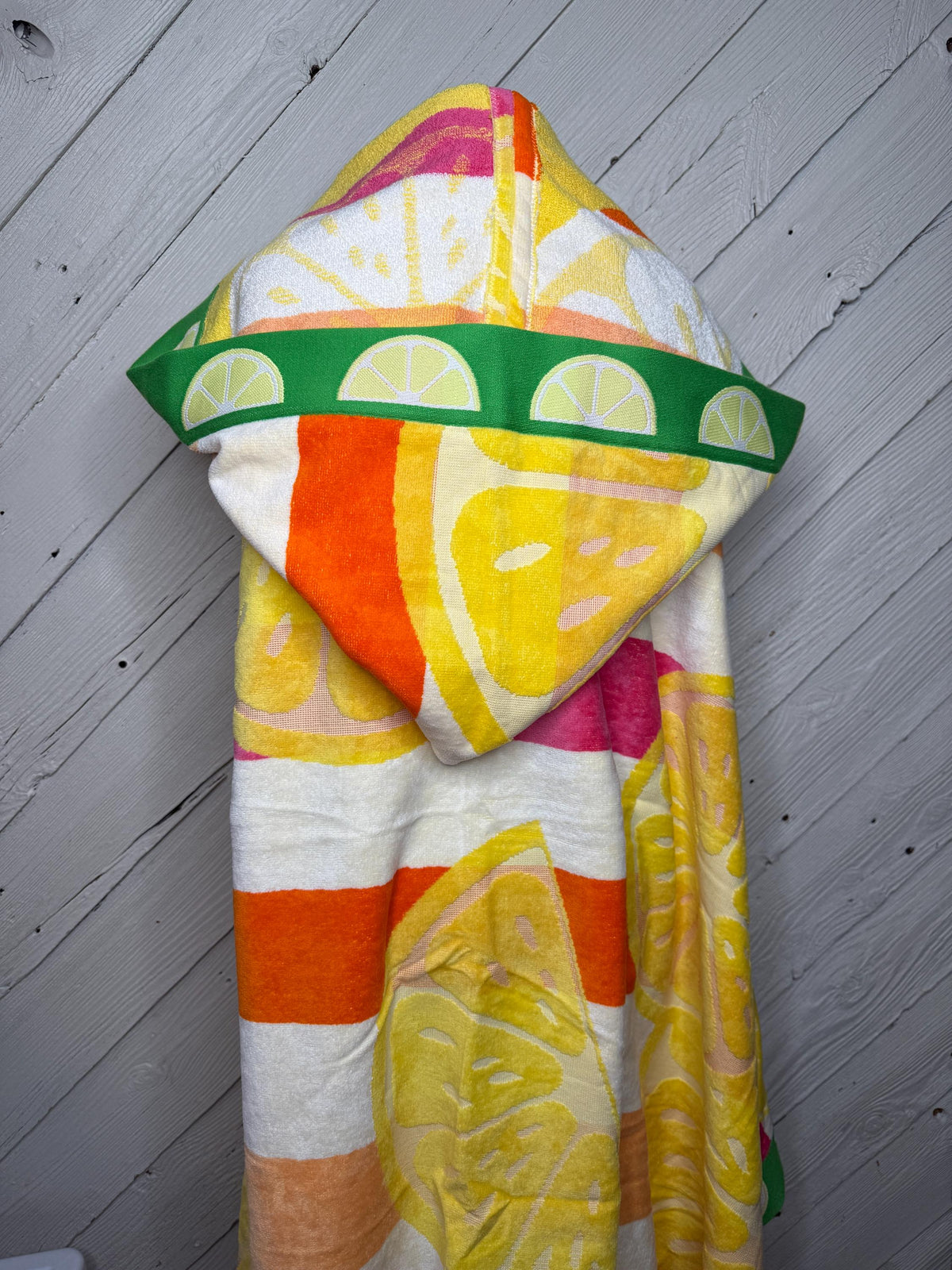 Adult hooded bath towel with lemons and stripes, personalized adult hooded beach towel, full size bath towel
