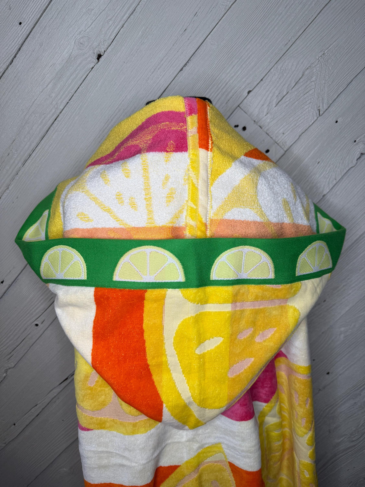 Adult hooded bath towel with lemons and stripes, personalized adult hooded beach towel, full size bath towel