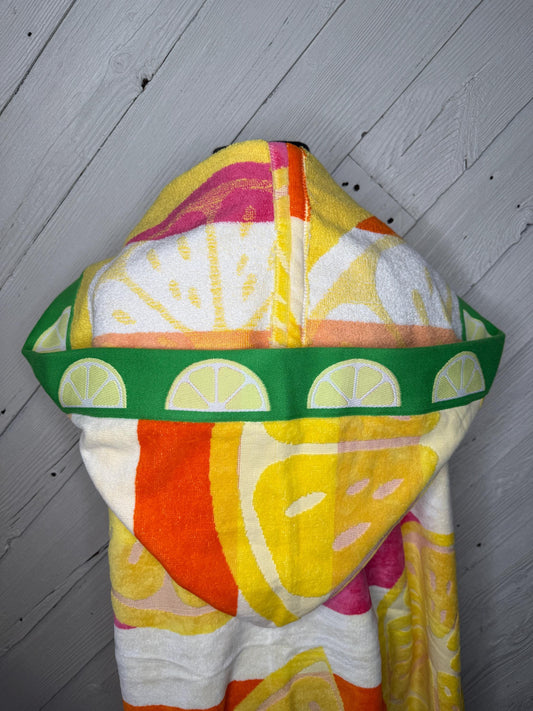 Adult hooded bath towel with lemons and stripes, personalized adult hooded beach towel, full size bath towel