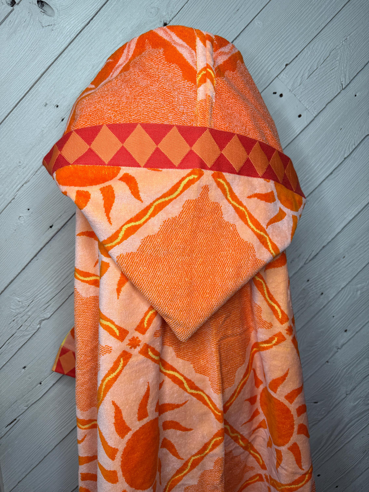 Orange adult hooded bath towel with suns, personalized adult hooded beach towel, full size bath towel