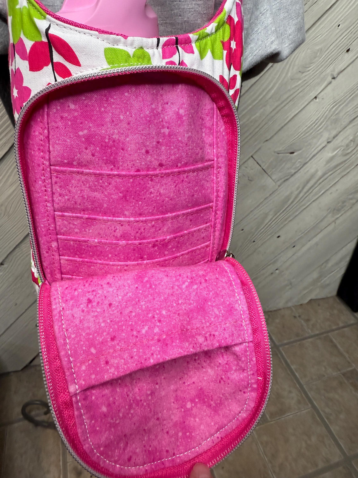 Pink and green floral water bottle bag, adjustable crossbody bag, gift for hiker, walking bag