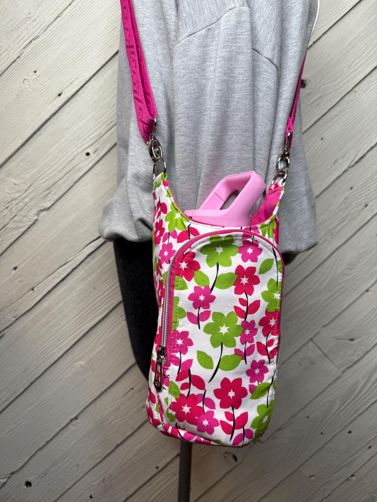 Pink and green floral water bottle bag, adjustable crossbody bag, gift for hiker, walking bag