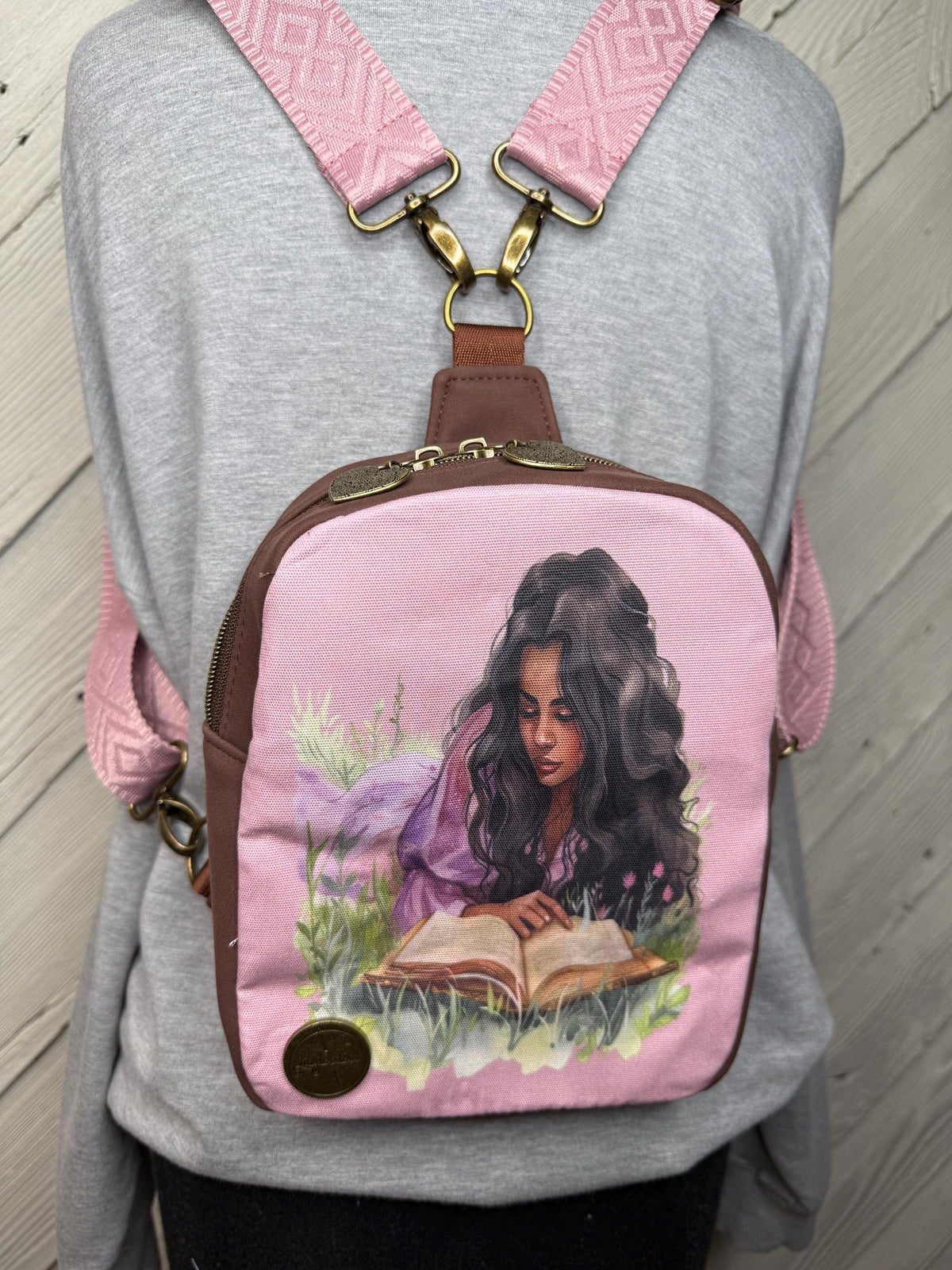 Mini backpack or sling with girl and book print