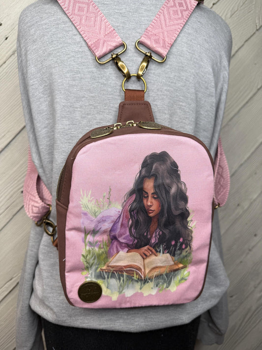 Mini backpack or sling with girl and book print