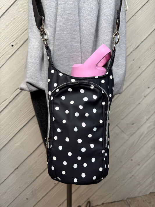Black and white polka dot water bottle bag, adjustable crossbody bag, gift for hiker, walking bag