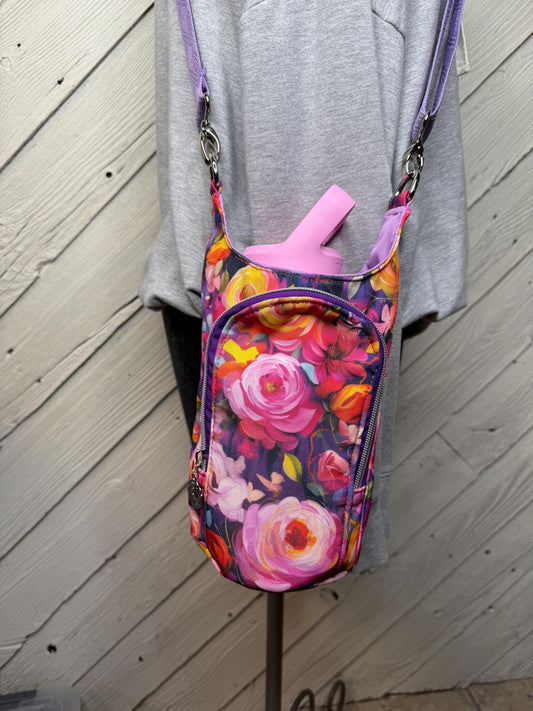 Purple and pink floral water bottle bag, adjustable crossbody bag, gift for hiker, walking bag