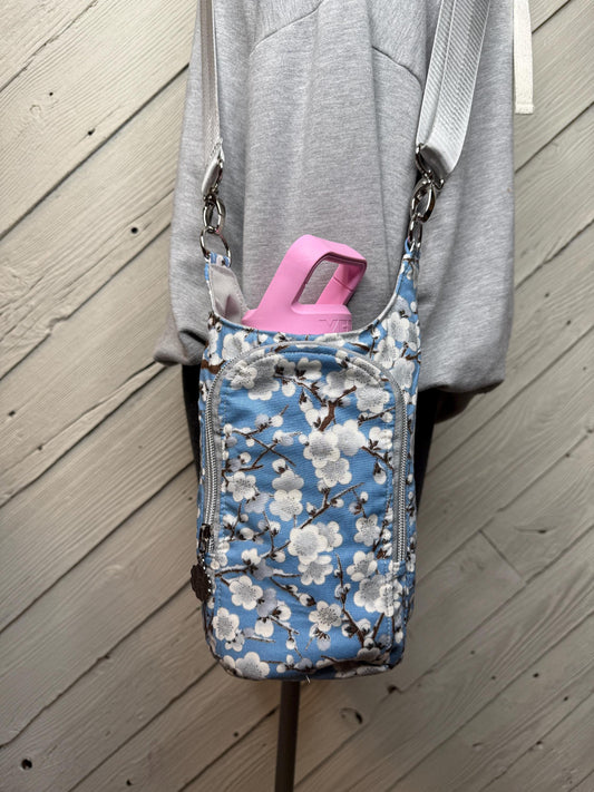Blue and white floral water bottle bag, adjustable crossbody bag, gift for hiker, walking bag