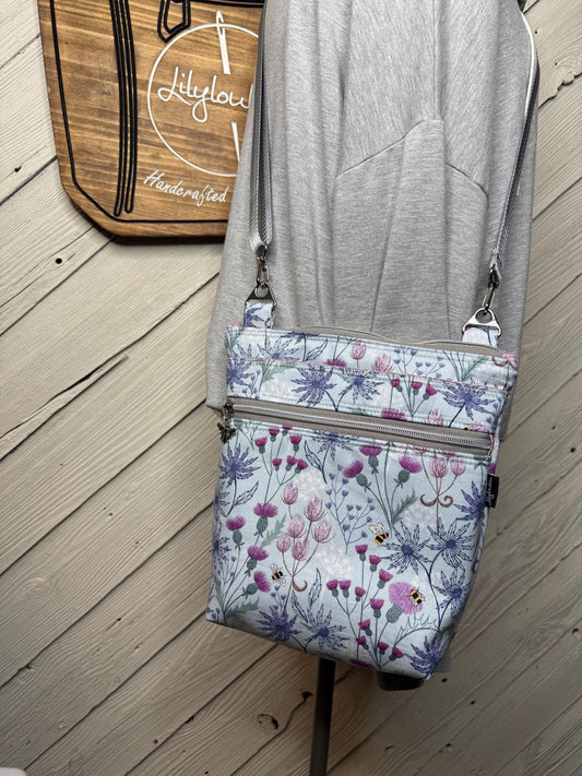 Thistle floral crossbody purse, women's crossbody bag, hipster bag, messenger bag, adjustable crossbody bag, purple women's handbag