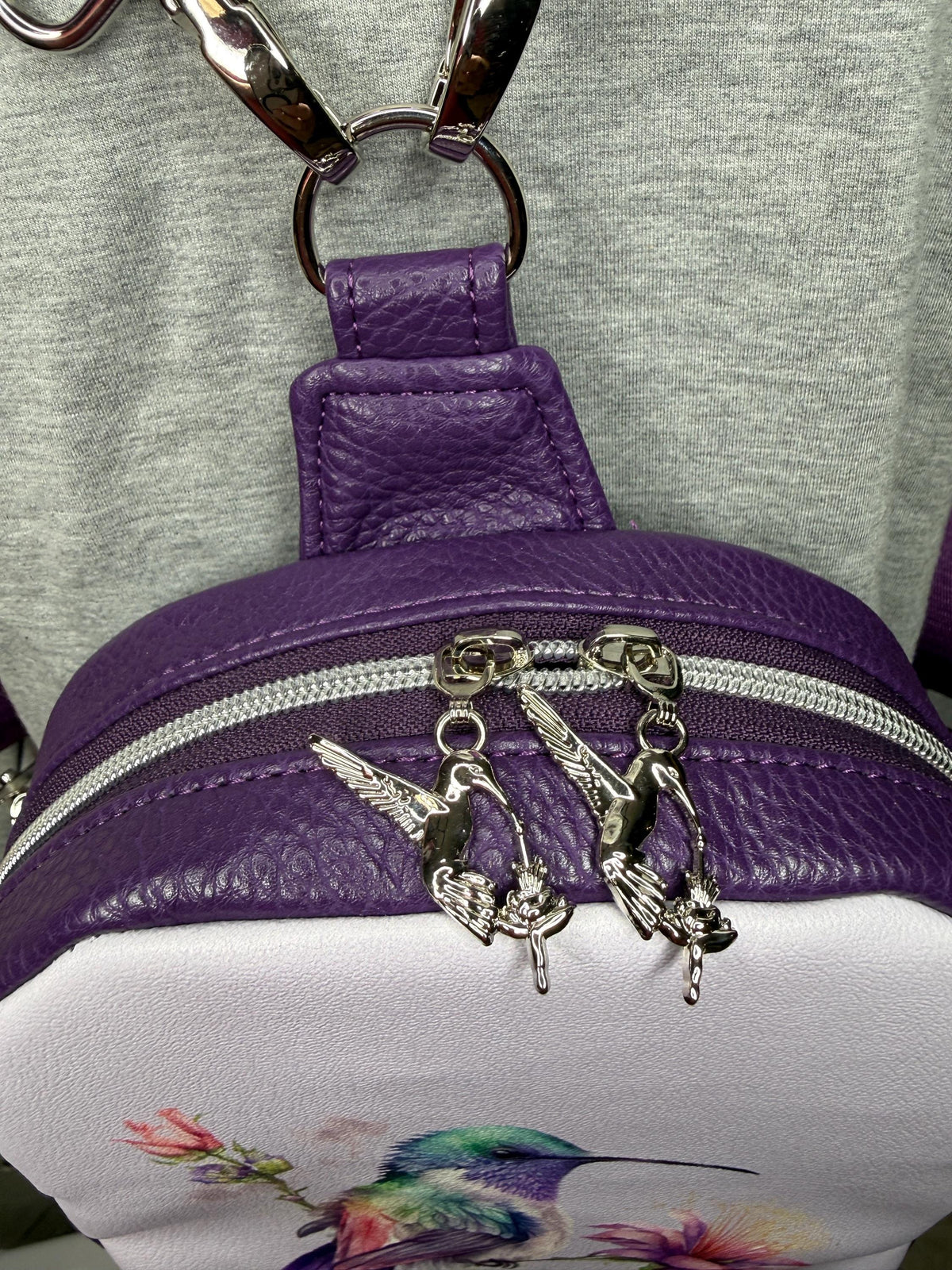 Purple hummingbird backpack or sling bag
