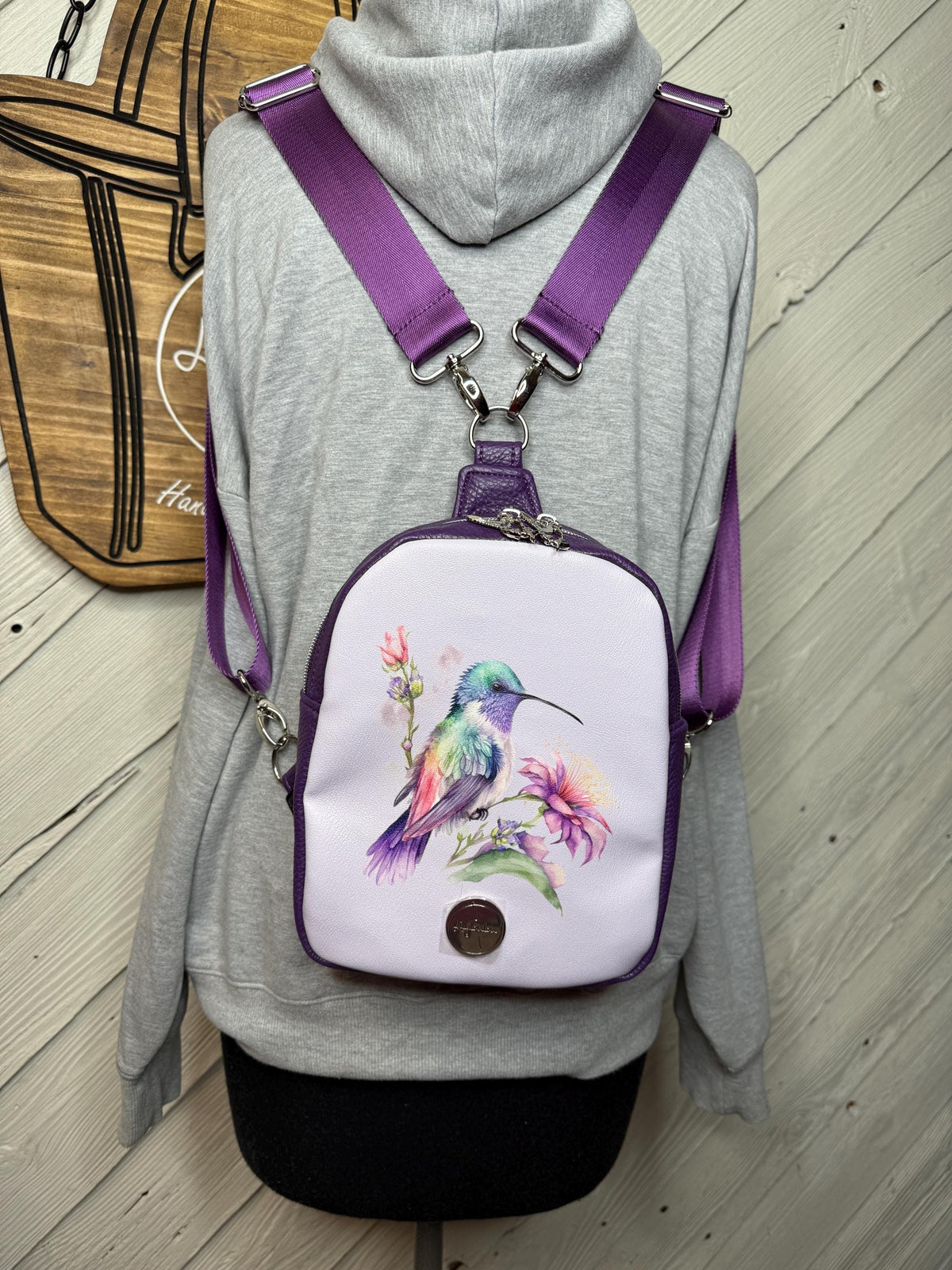Purple hummingbird backpack or sling bag
