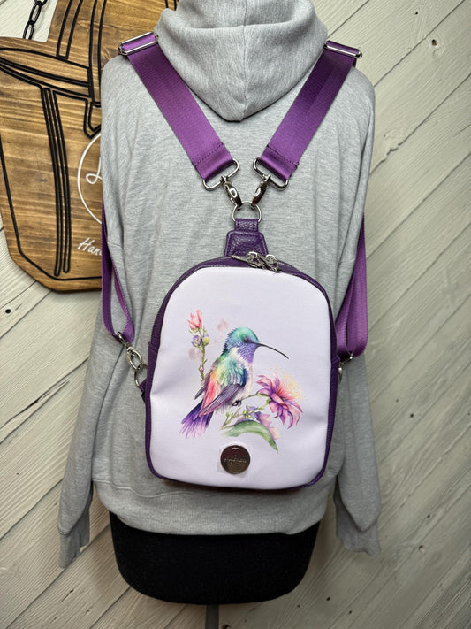 Purple hummingbird backpack or sling bag
