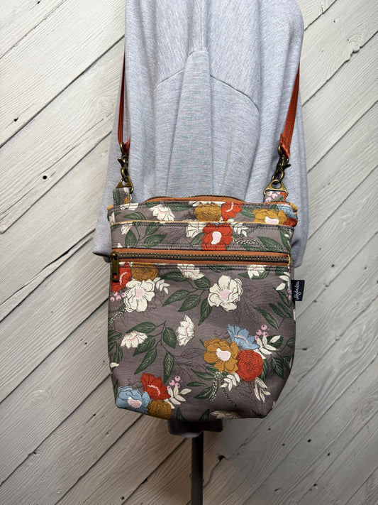 Gray floral print crossbody bag, women's crossbody purse, messenger bag, adjustable crossbody bag, women's handbag