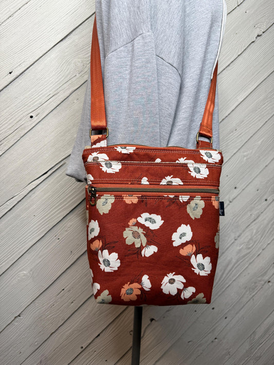 Brick red floral crossbody purse, women's crossbody bag, hipster bag, messenger bag, adjustable crossbody bag, women's handbag