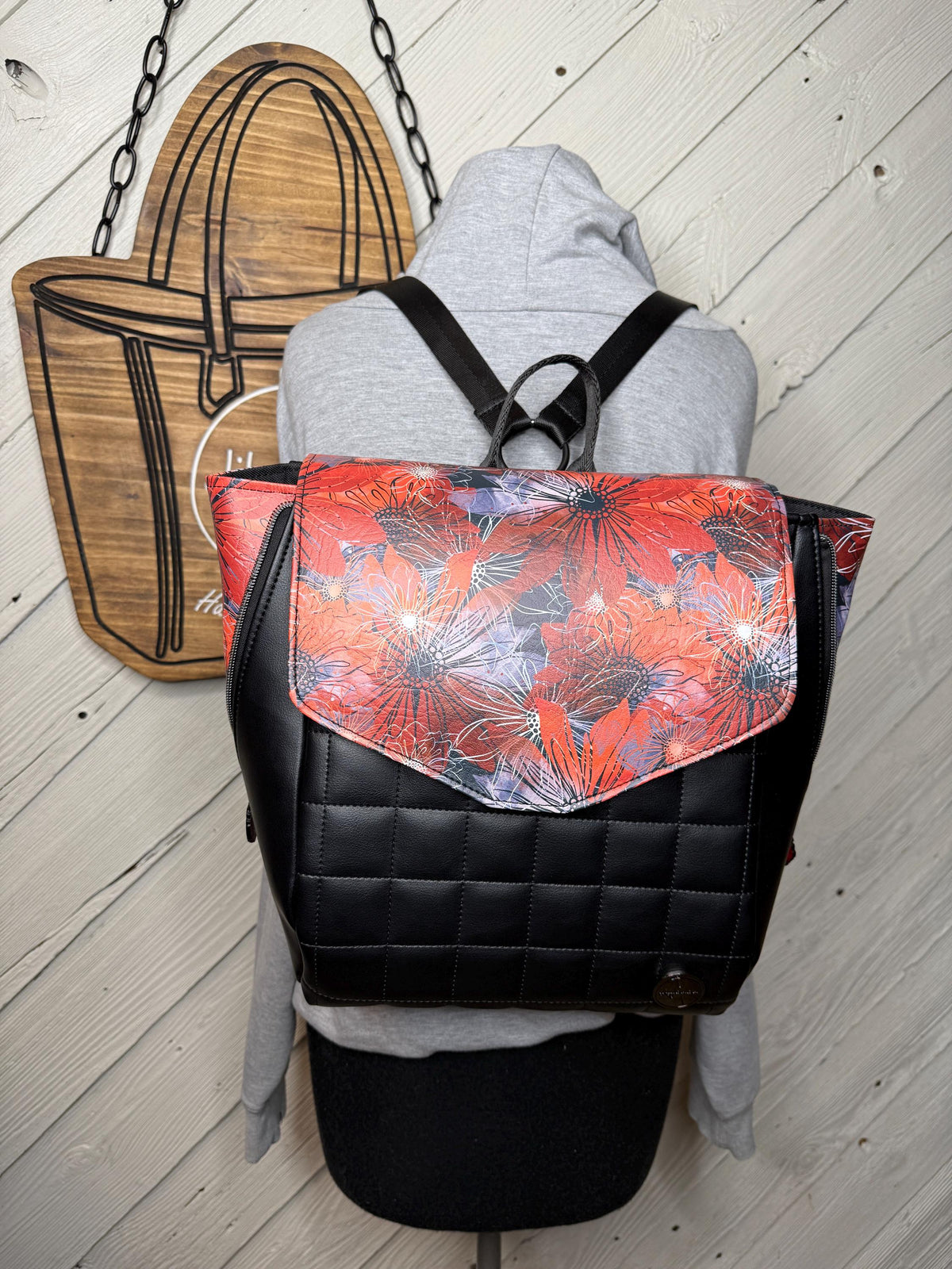 Red floral backpack, floral diaper bag