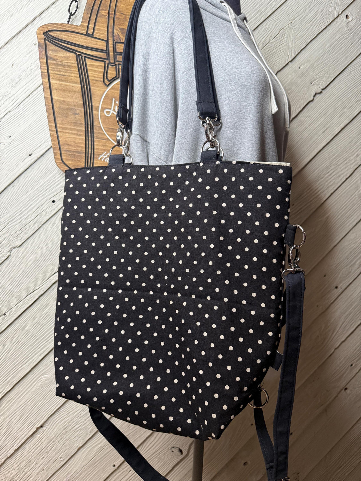 Black convertible handbag  with polka dots, handmade bag, ladies shoulder bag, large purse,  womens handmade handbag, women shoulder purse