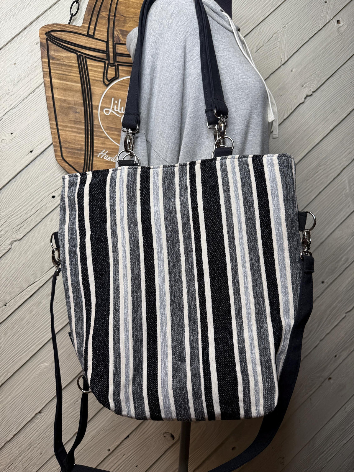 Black and gray striped convertible handbag  with circles, handmade bag, ladies shoulder bag, large purse, women shoulder purse