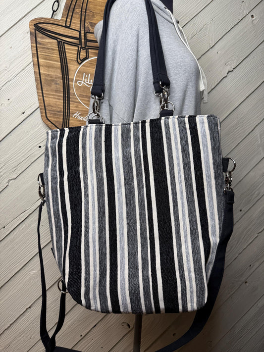Black and gray striped convertible handbag  with circles, handmade bag, ladies shoulder bag, large purse, women shoulder purse