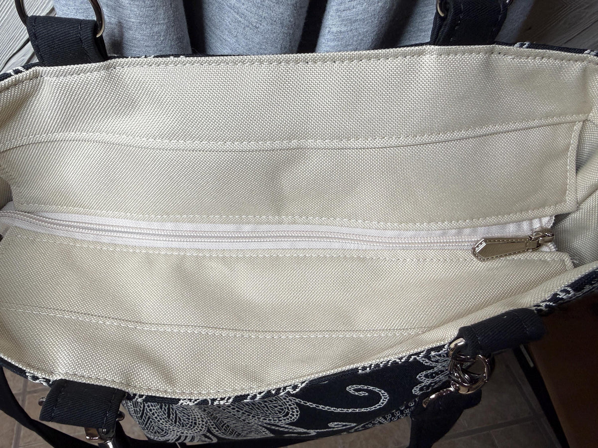 Black and cream floral design convertible womans purse, ladies shoulder bag, large purse,  womens handmade handbag, women shoulder purse