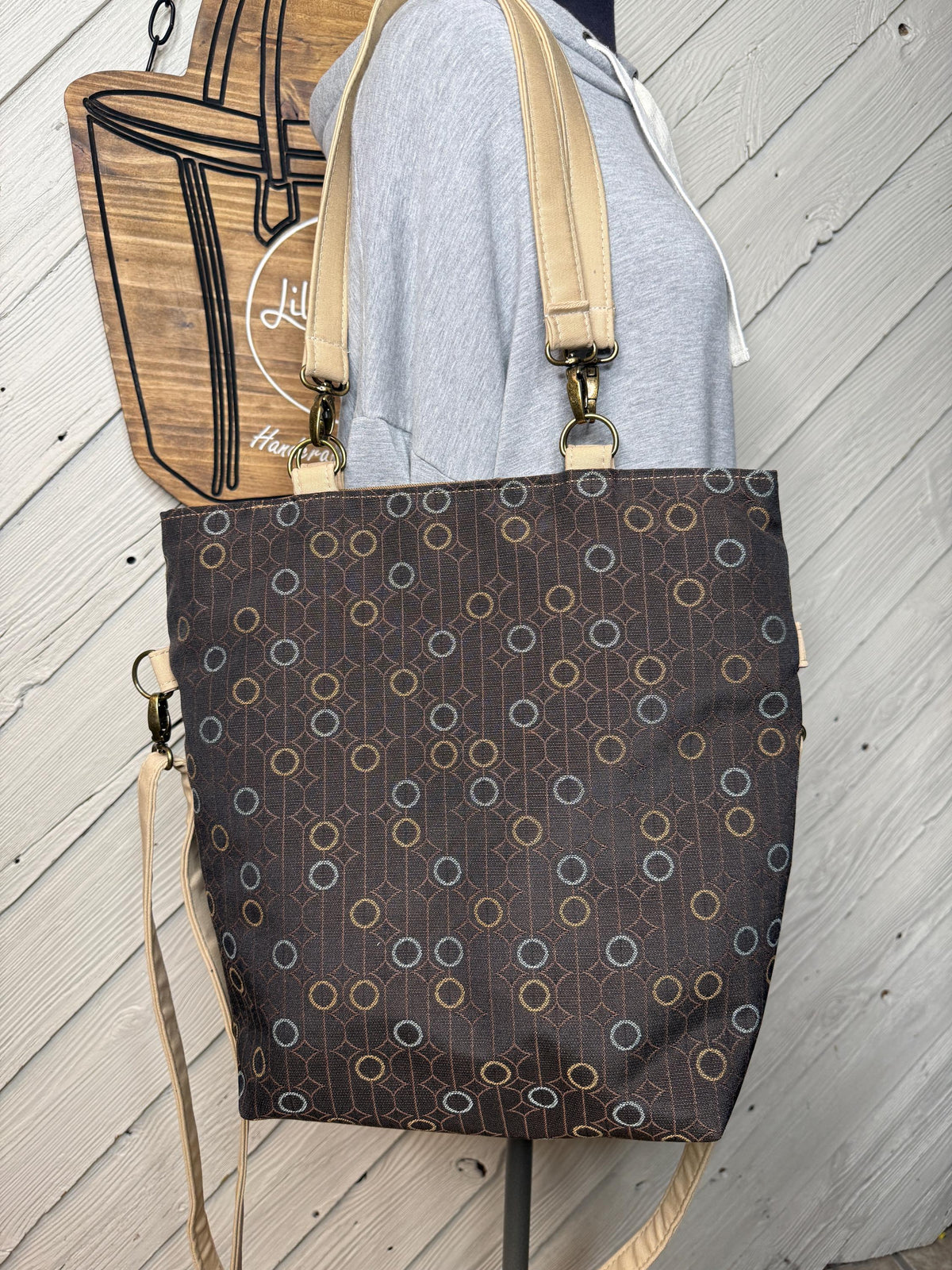 Brown convertible woman's purse, handmade bag with circles, ladies shoulder bag, large purse, women shoulder purse