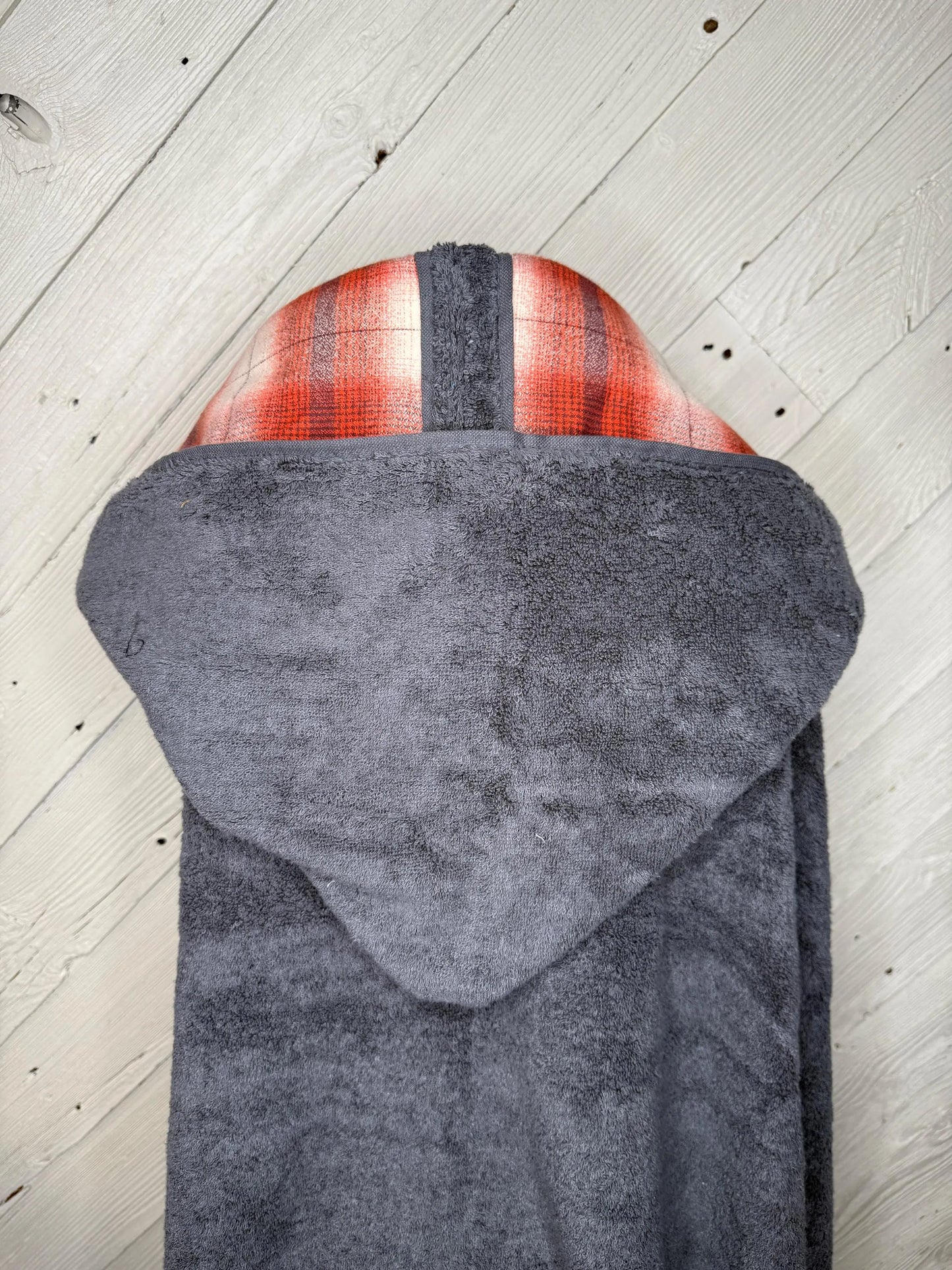 Adult Hooded Bath Towel with Red/Orange Plaid Flannel Lining on the Hood