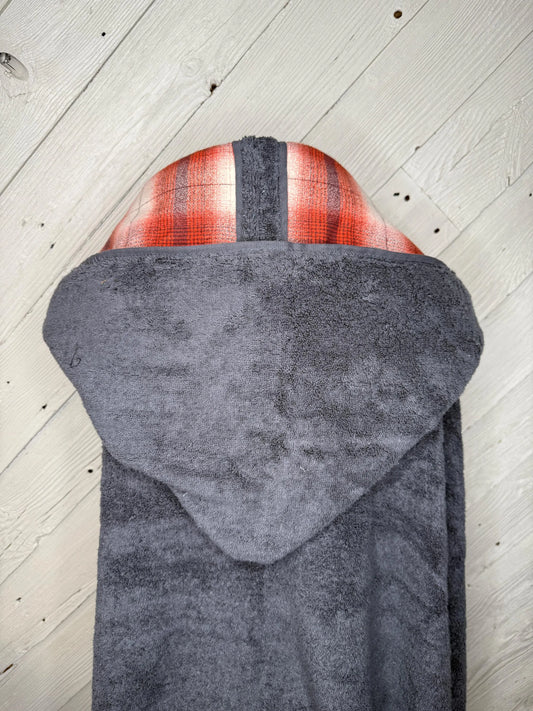 Adult Hooded Bath Towel with Red/Orange Plaid Flannel Lining on the Hood