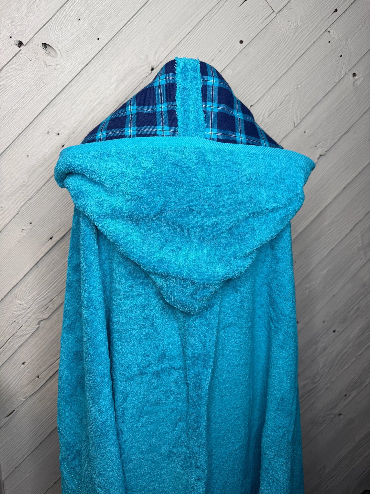 Turquoise Adult Hooded Bath Towel with Blue Plaid Flannel Lining on Hood