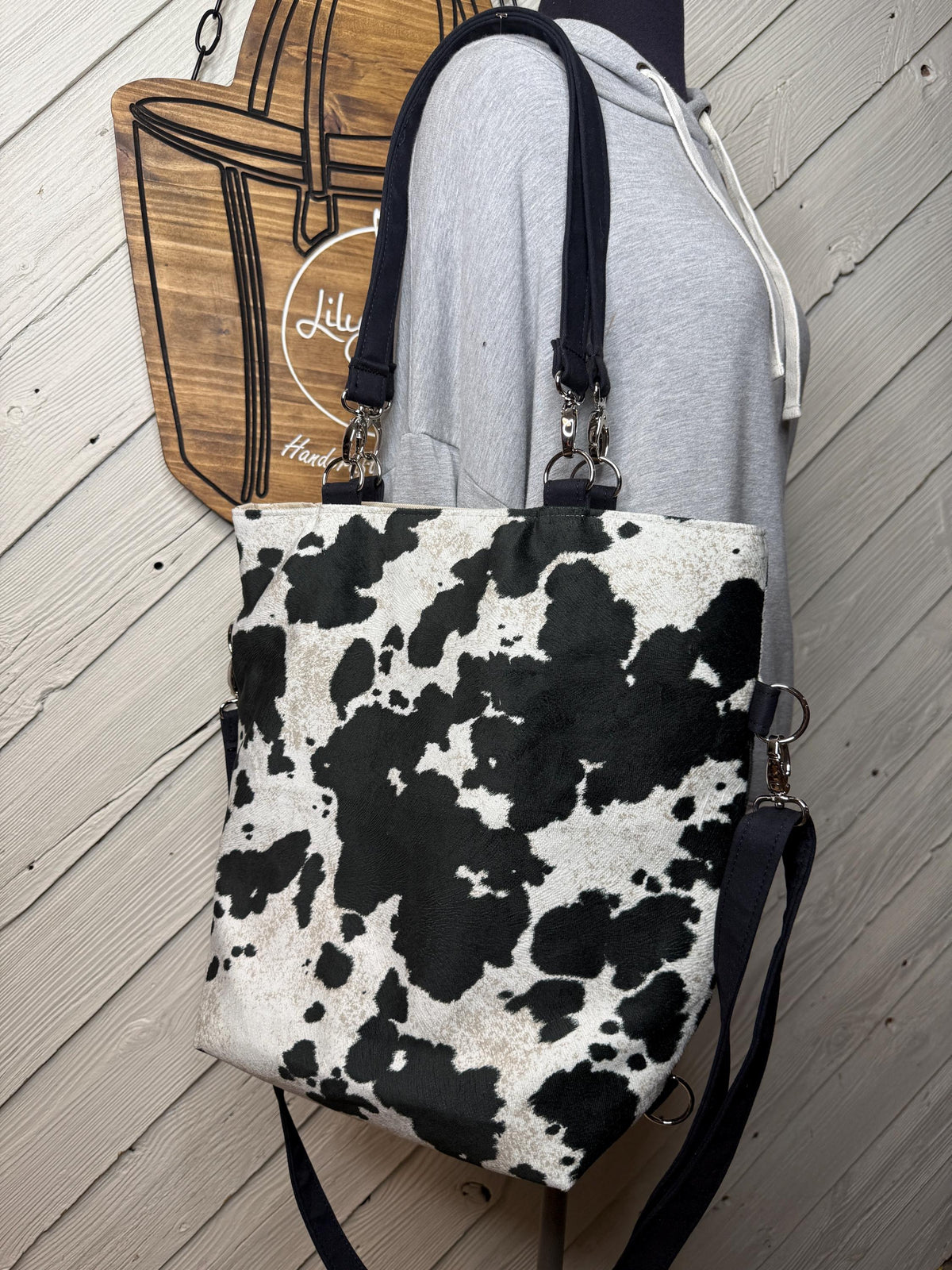 Black cow print convertible woman's purse, handmade bag, ladies shoulder bag, large purse, women's handmade handbag, women shoulder purse
