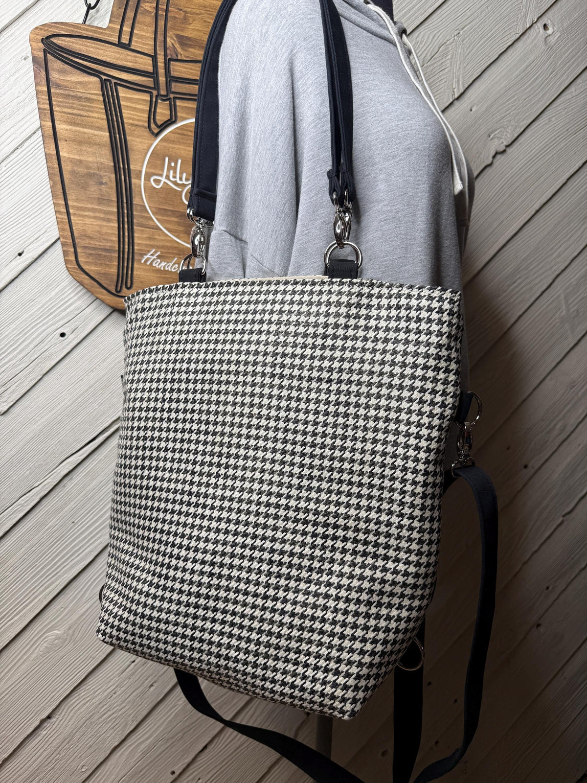 Black and cream houndstooth womans convertible purse, handmade bag, ladies shoulder bag, large purse, womens handbag, women shoulder purse
