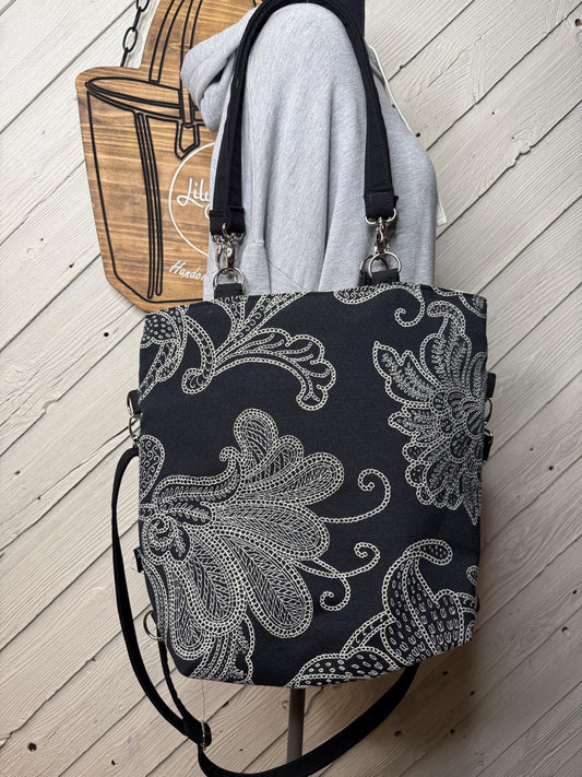 Black and cream floral design convertible womans purse, ladies shoulder bag, large purse,  womens handmade handbag, women shoulder purse