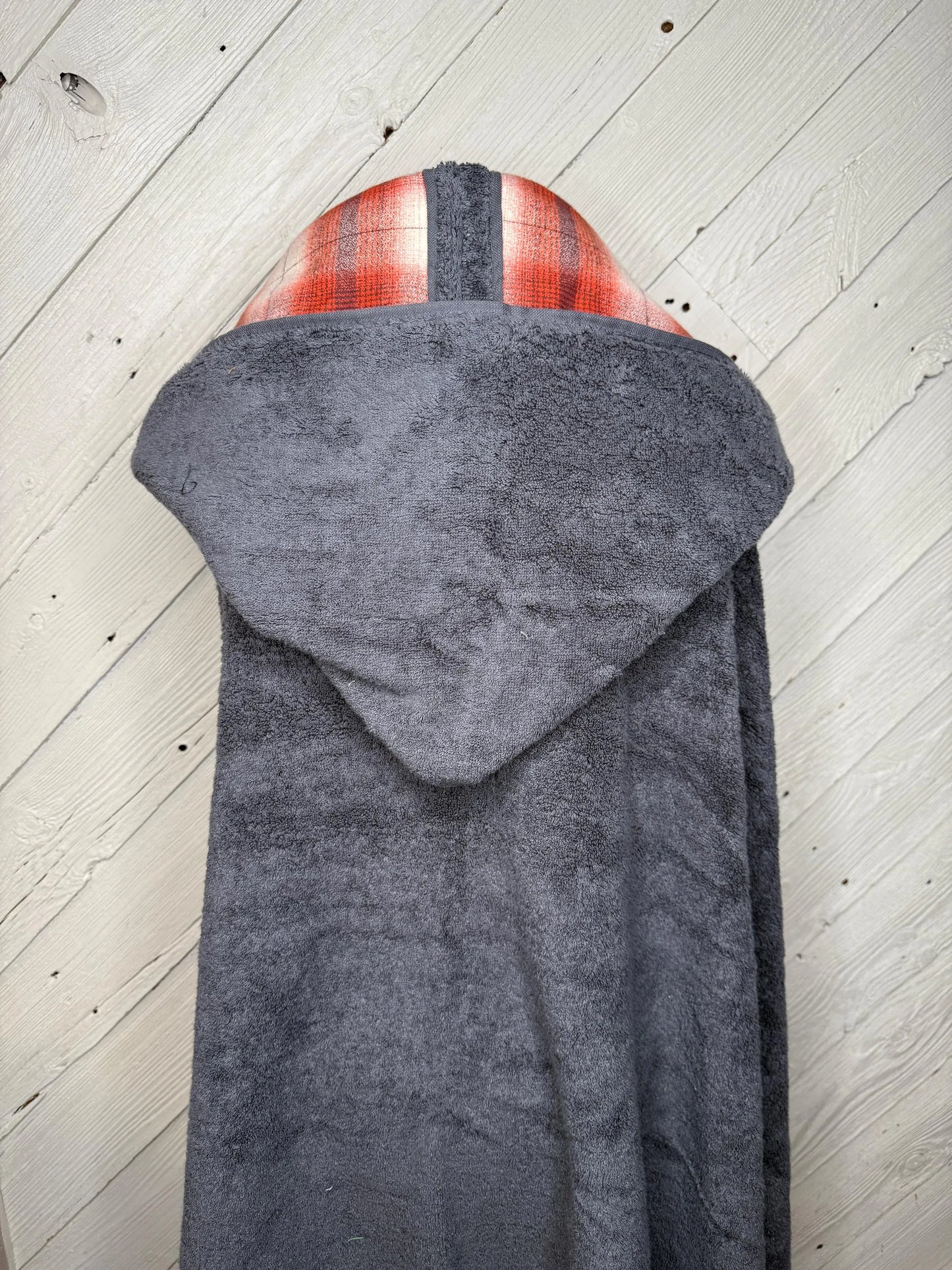 Adult Hooded Bath Towel with Red/Orange Plaid Flannel Lining on the Hood